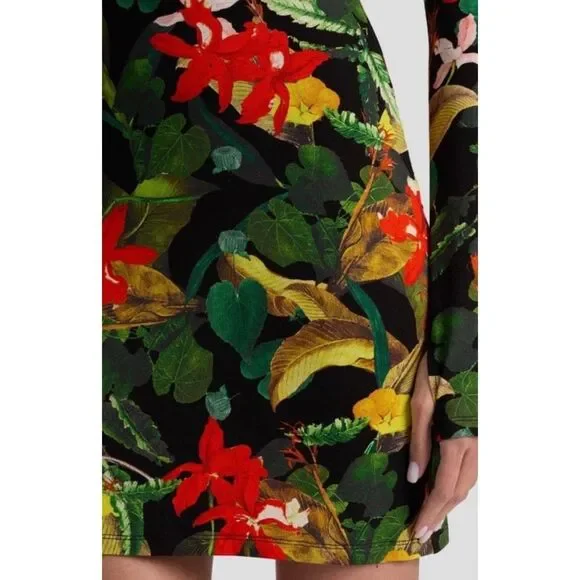 Alice + Olivia Delora Dress 8 Tropical Floral Print Bodycon Mini Long Sleeve NWT